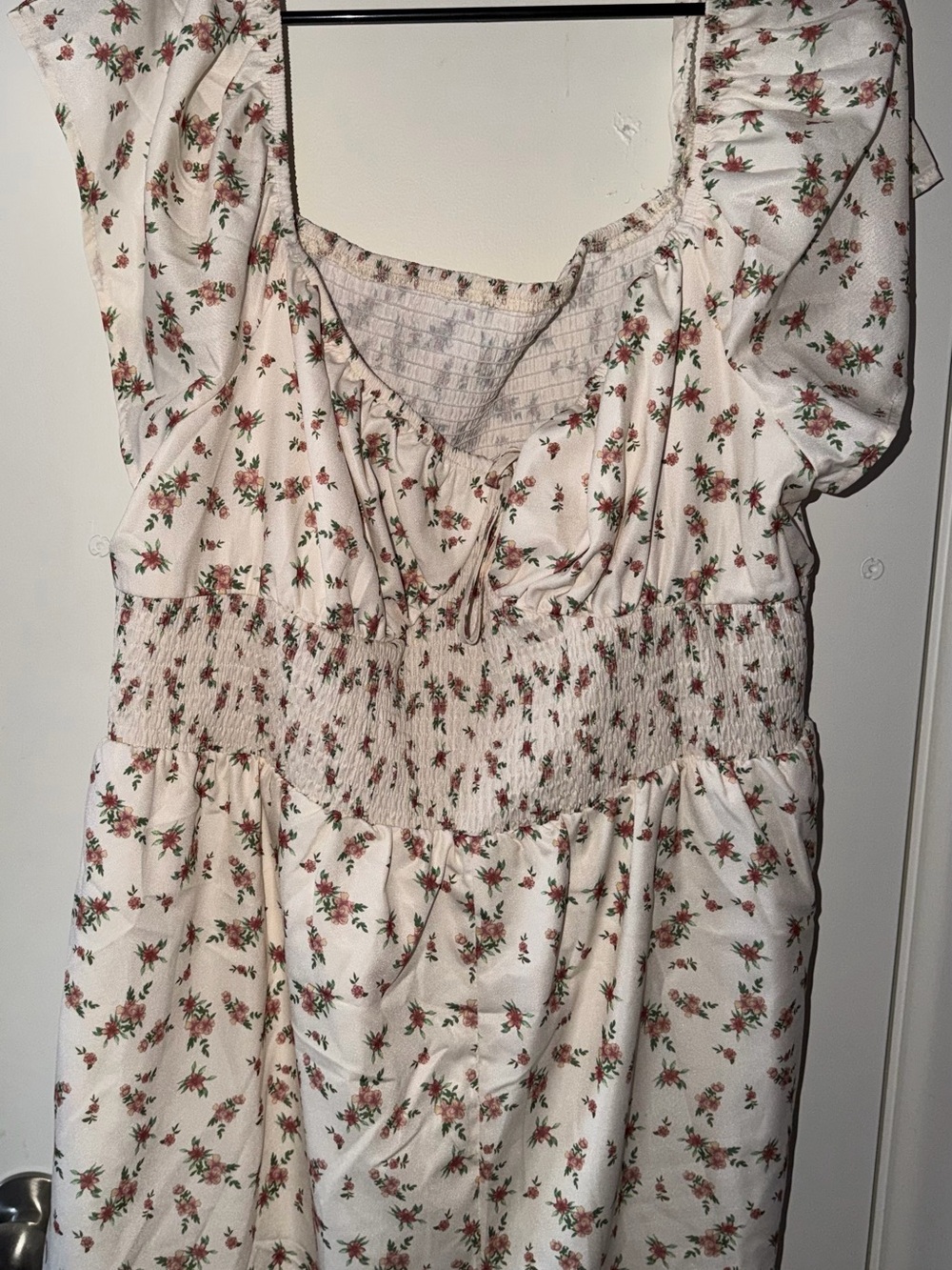 Floral Smocked Women's Top Romper- Cream with Pink Rose Print